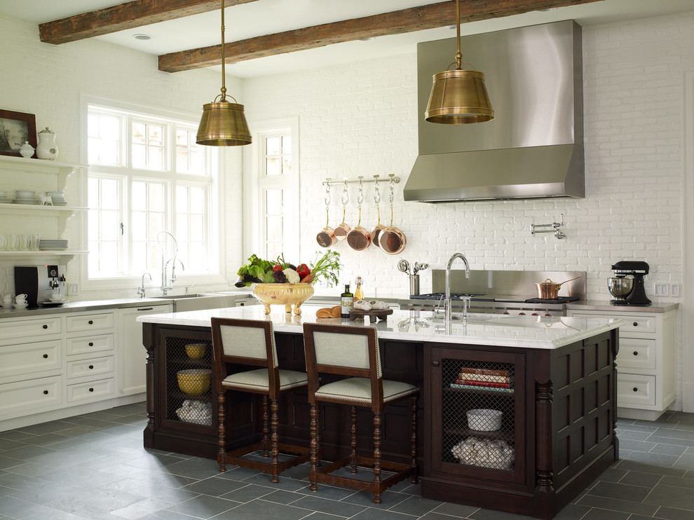 Range Hood Cabinet Kitchen Transitional with Beams Cooktop Counter Stools