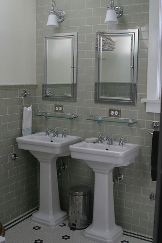 Recessed Medicine Cabinet with Lights Bathroom with Pedestal Hex Tile Subway