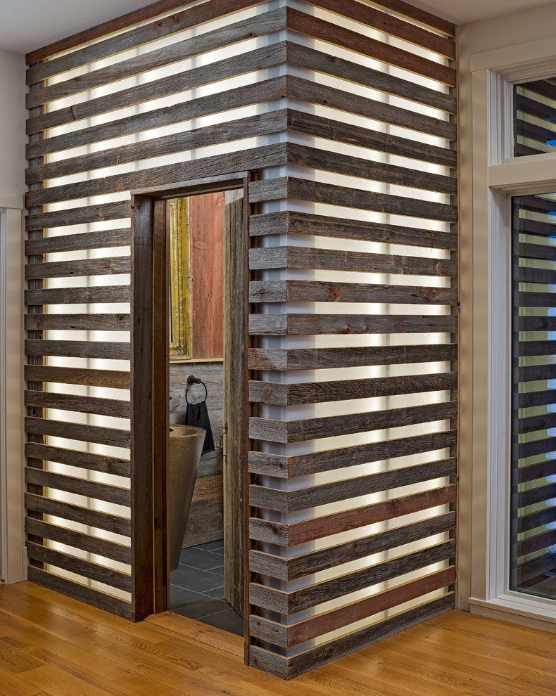 Reclaimed Barn Wood Powder Room Farmhouse with Firefly Led Wall Powder