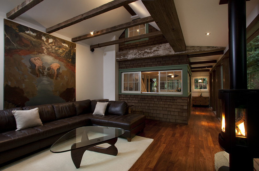 Reclaimed Wood Ceiling Living Room Rustic with Glass Table Green Window