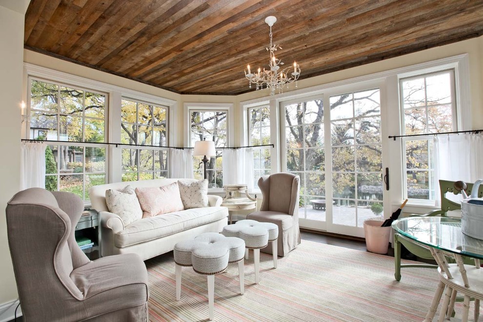 Reclaimed Wood Ceiling Living Room Traditional with Area Rug Chandelier Curtains