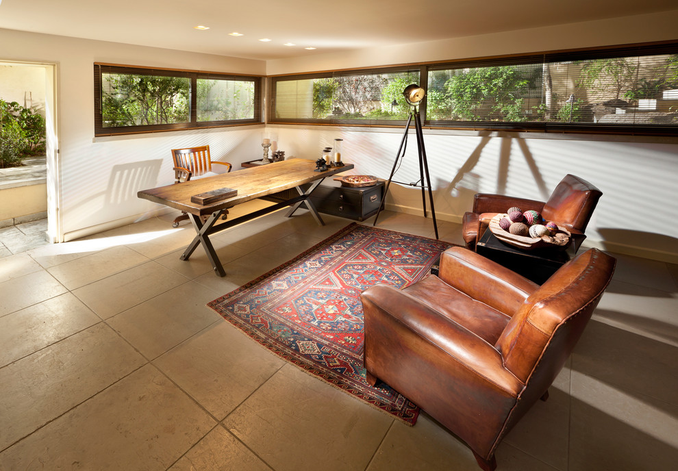 Reclaimed Wood Desk Home Office Contemporary with Area Rug Corner Windows