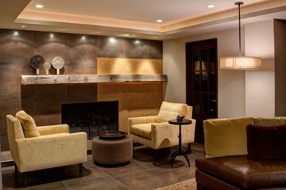 Reclaimed Wood Mantel Basement Contemporary with Corner Door Earth Tones
