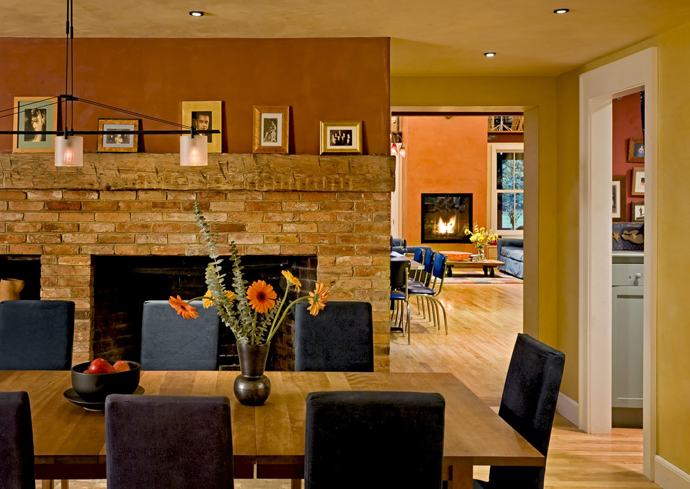 Reclaimed Wood Mantel Dining Room Contemporary with Baseboards Brick Fireplace Surround