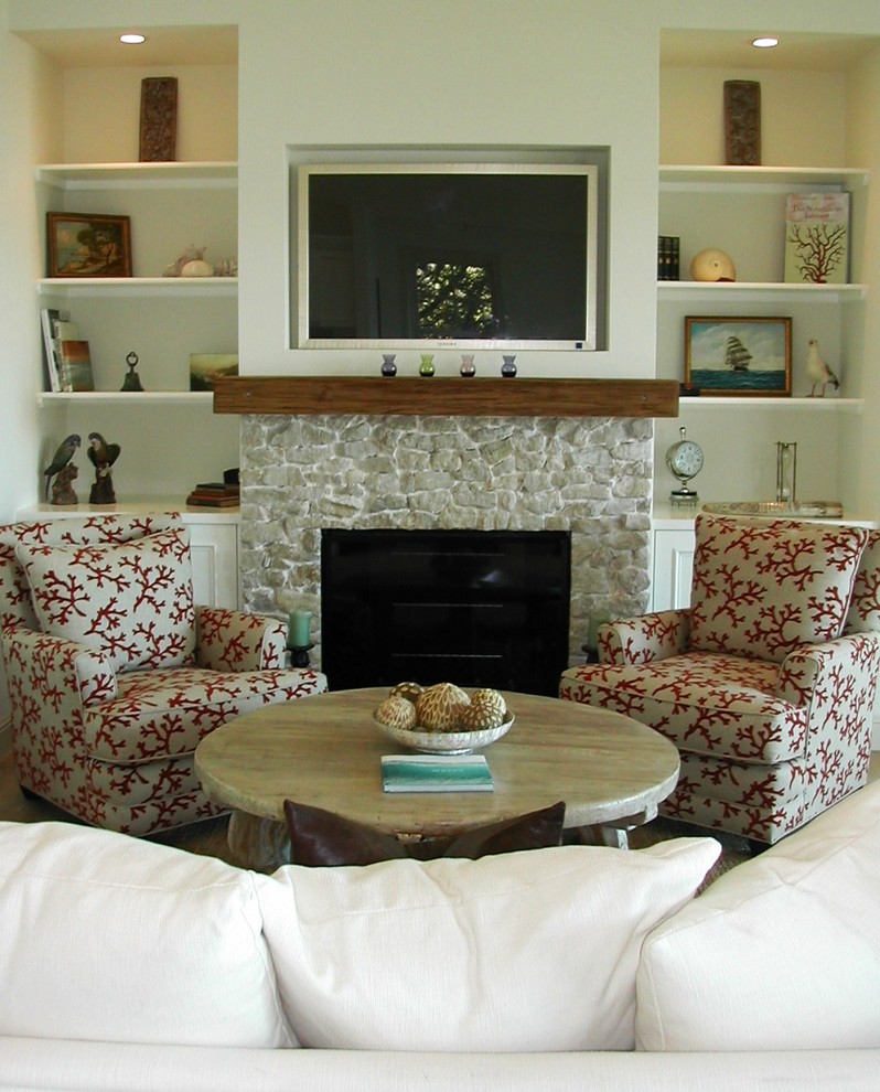 Reclaimed Wood Mantel Living Room Traditional with Art Arrangement Birds Bookshelves