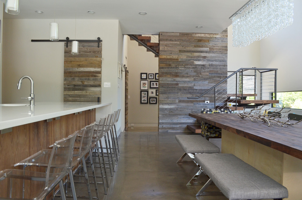 Reclaimed Wood Nightstand Dining Room Contemporary with Bar Stools Chandelier Counter