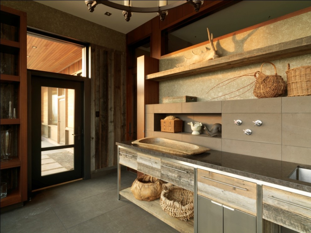 Reclaimed Wood Vanity Entry Rustic with Built Ins Chandelier Clerestory