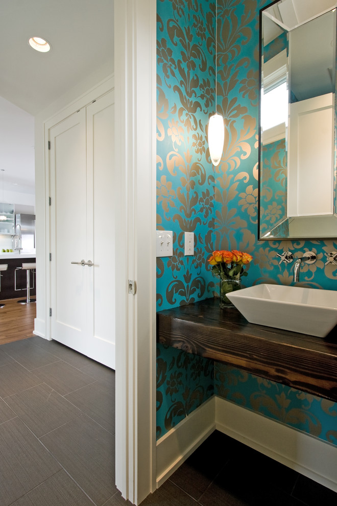 Reclaimed Wood Vanity Powder Room Contemporary with Bathroom Mirror Blue Bright