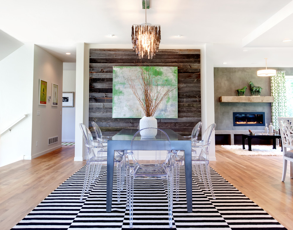 Reclaimed Wood Walls Dining Room Contemporary with Abstract Art Black And