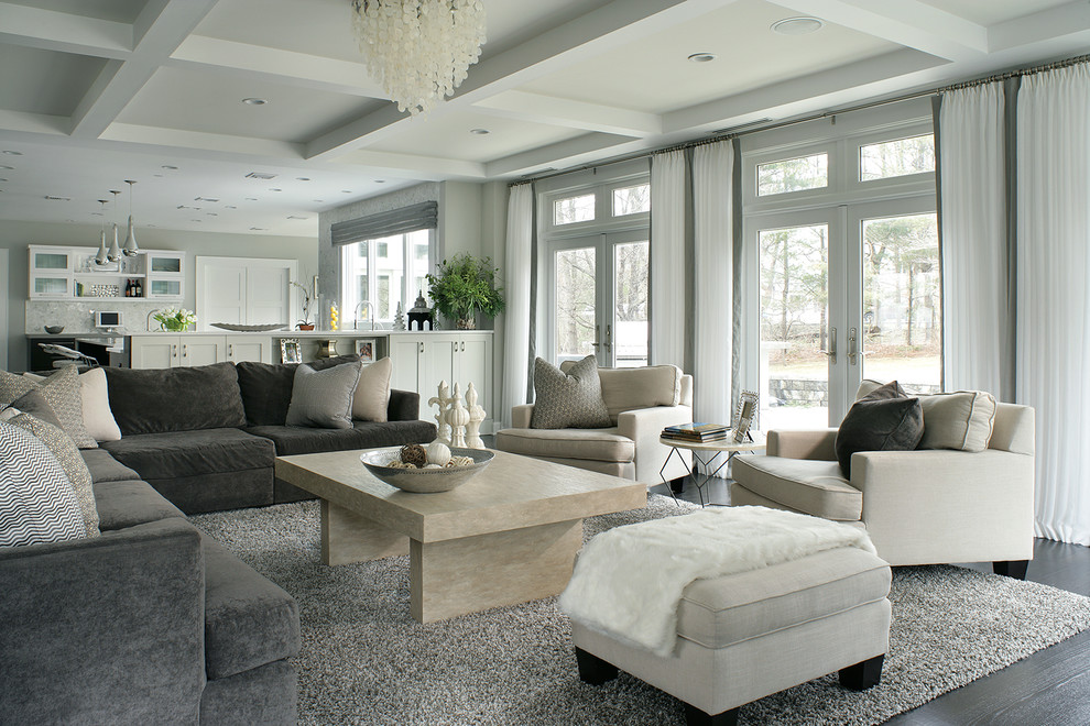 Rectangular Coffee Table Family Room Contemporary with Beige Coffered Ceiling Crystal