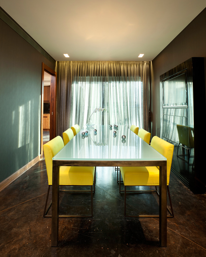 Rectangular Glass Top Dining Table Dining Room Contemporary with Accent Wall Brown Wall