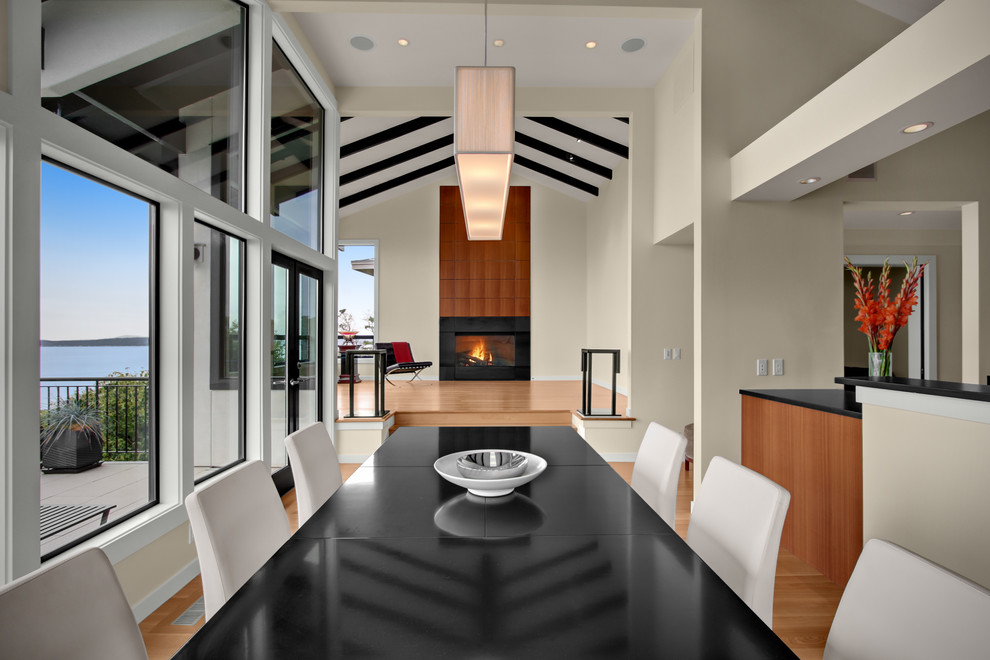 Rectangular Pendant Light Dining Room Transitional with Black Beams Black Counters