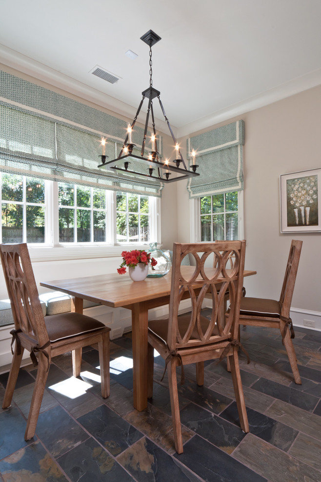 Rectangular Shade Chandelier Dining Room Transitional with Aqua Banquette Baseboards Bay