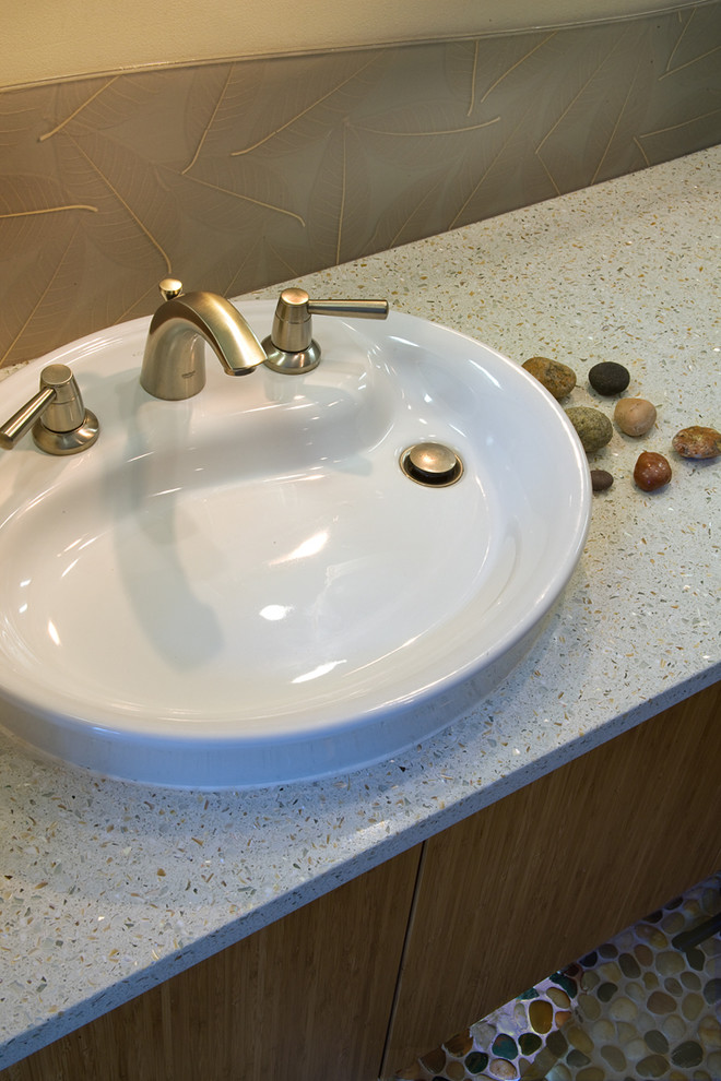 Recycled Glass Countertops Bathroom Modern with 3 Form Backsplash Bamboo Vanity