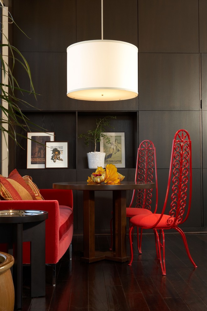 Red Accent Chair Family Room Industrial with Built in Storage Cabinetry