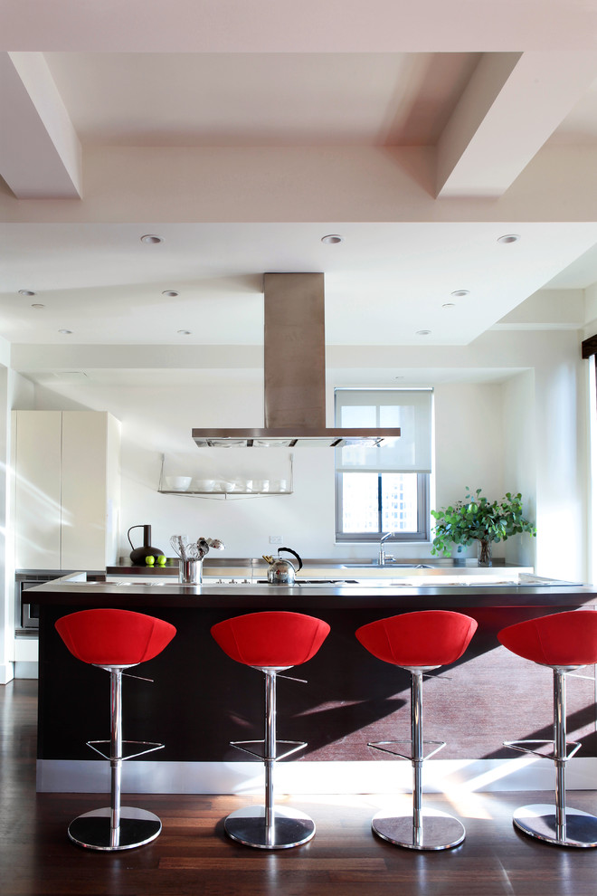 red bar stools Kitchen Modern with ceiling beams dark wood
