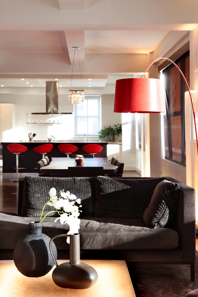 Red Bar Stools Living Room Modern with Artwork Black Couch Ceiling