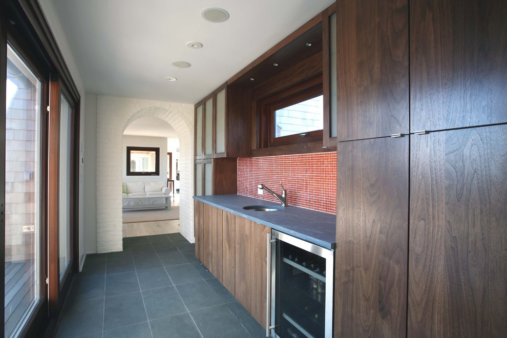 Red Brick Backsplash Kitchen Contemporary with Arch Built in Ceiling