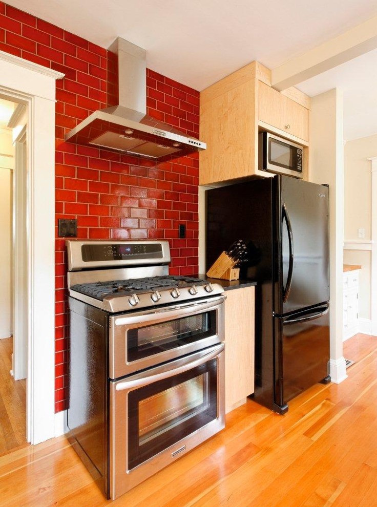 Red Brick Backsplash Kitchen Modern with Beige Wall Heath Range
