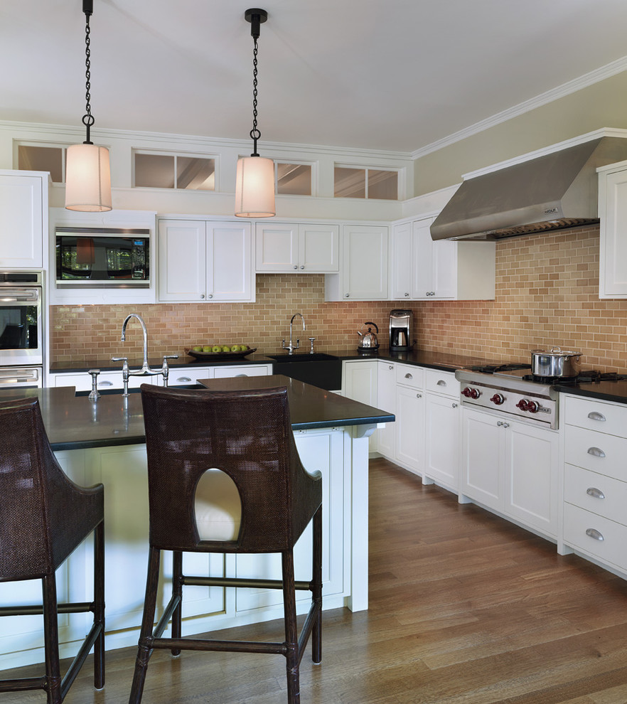 Red Brick Backsplash Kitchen Traditional with Backsplash Barstools Bin Pulls