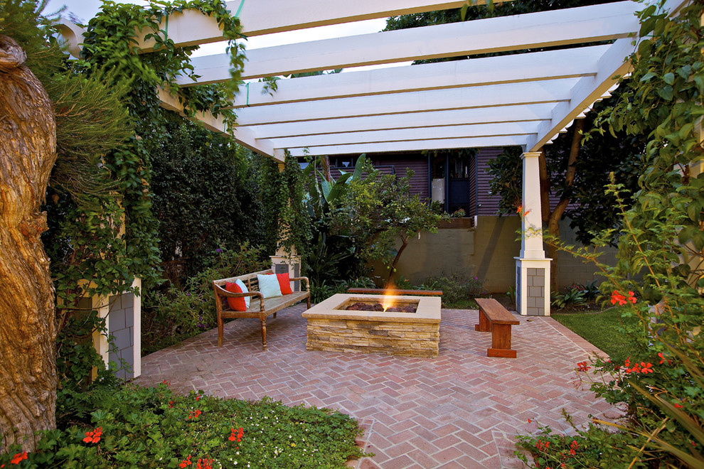 Red Brick Patio Patio Traditional with Bench Seat Climbing Vines