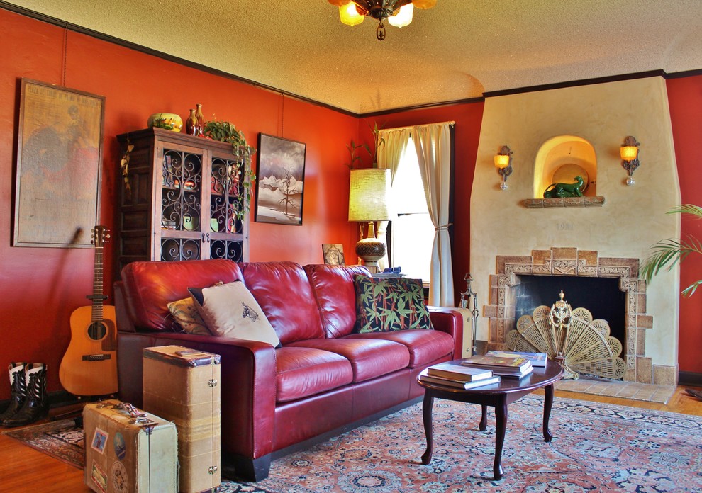 Red Leather Couch Living Room Eclectic with Guitar My Houzz Vintage