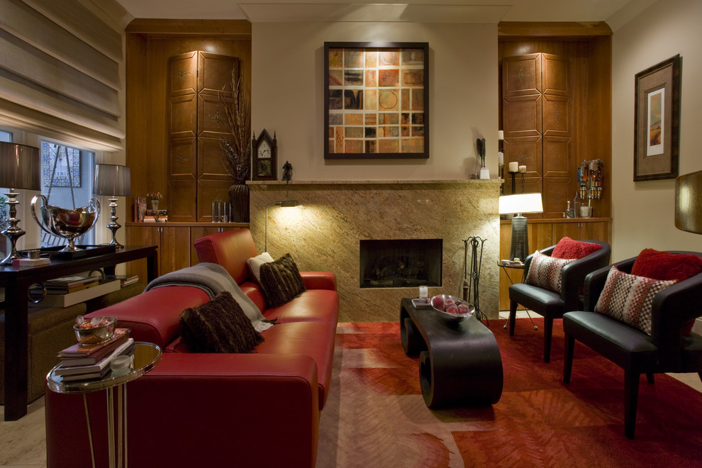 Red Leather Couch Living Room Traditional with Built Ins Curved Wood