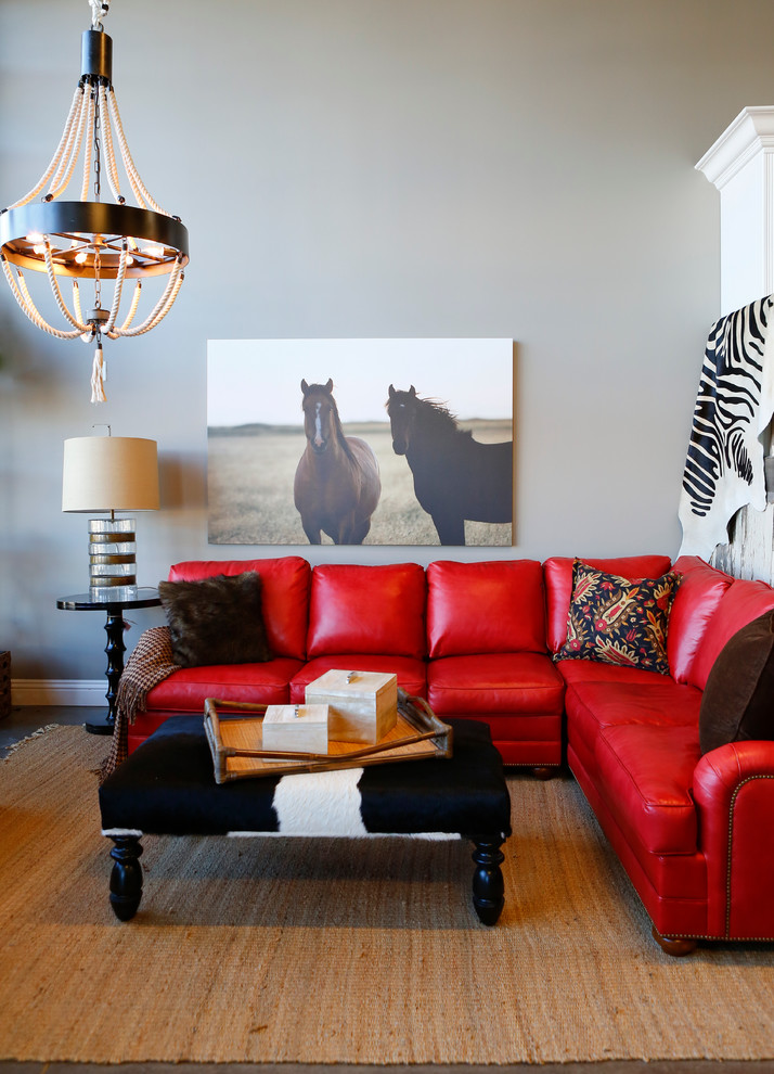 Red Leather Sectional Family Room Eclectic with Arteriors Table Lamp Cowhide