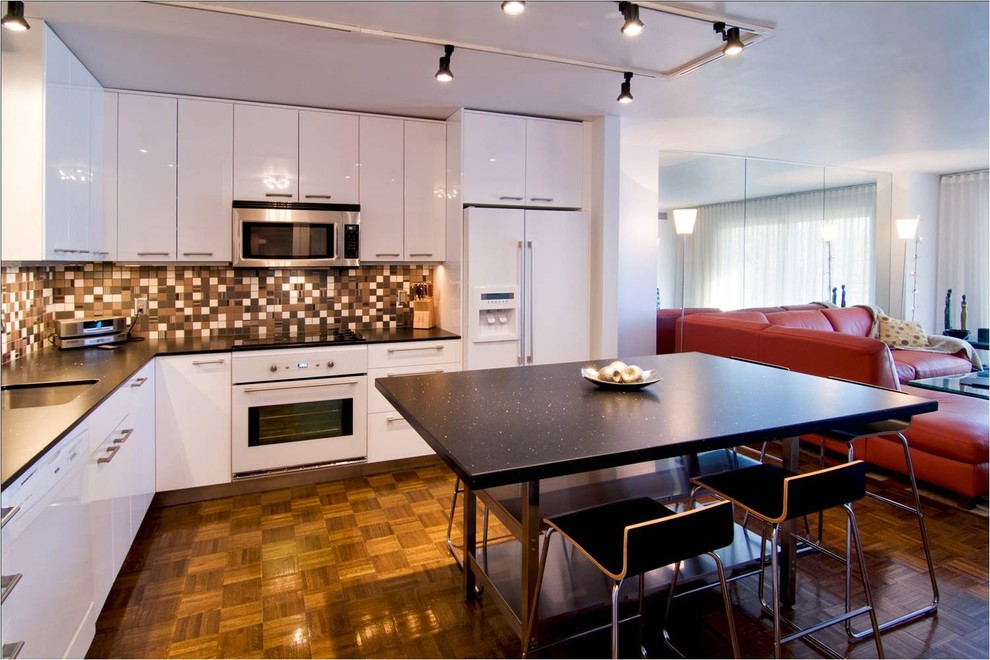 Red Leather Sectional Kitchen Modern with Black Worktops Eat In
