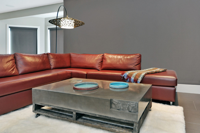 Red Leather Sectional Living Room Contemporary with Basement Media Room Concrete