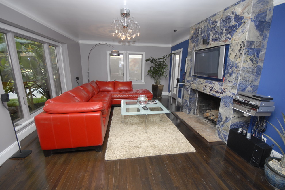 Red Leather Sectional Living Room Contemporary with Blue Blue Brazilian Granite