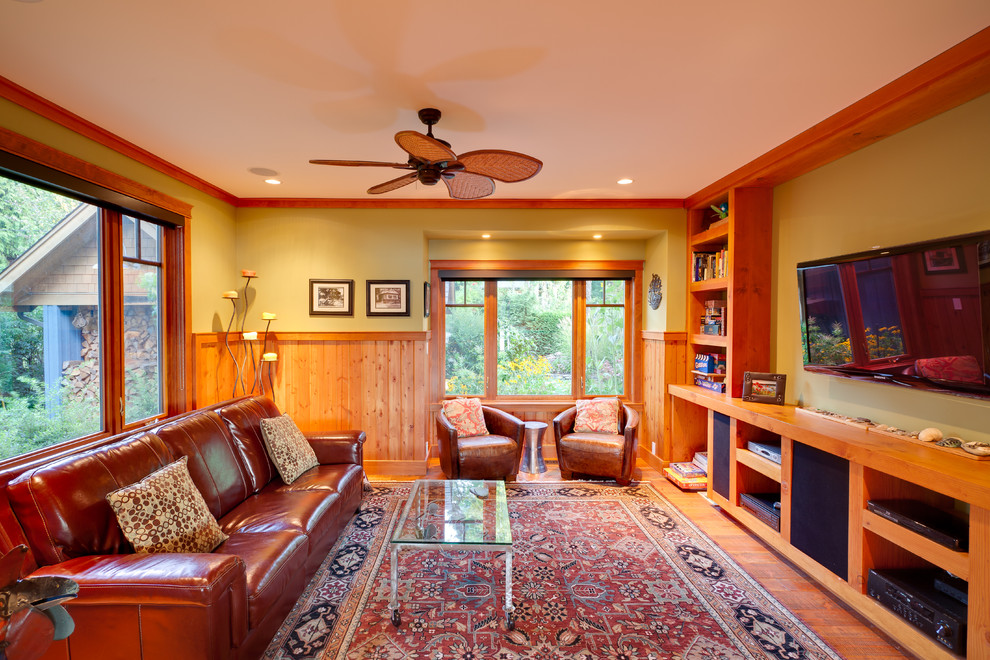 Red Leather Sofa Family Room Traditional with Book Shelves Charming Cottage