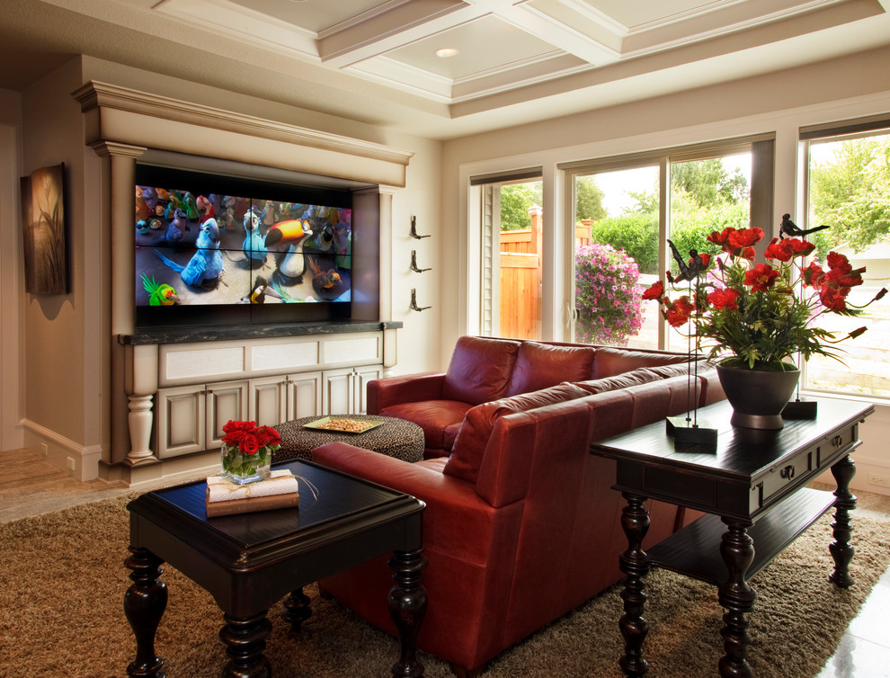 Red Leather Sofa Family Room Traditional with Brown Rug Coffered Ceiling
