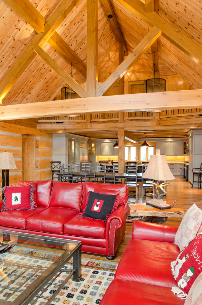 Red Leather Sofa Living Room Rustic with Afghan Rug Balcony Beam
