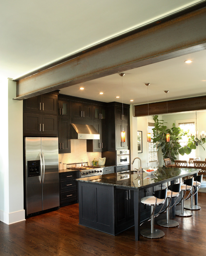 Red Oak Flooring Kitchen Contemporary with Bar Stools Cabinetry Granite