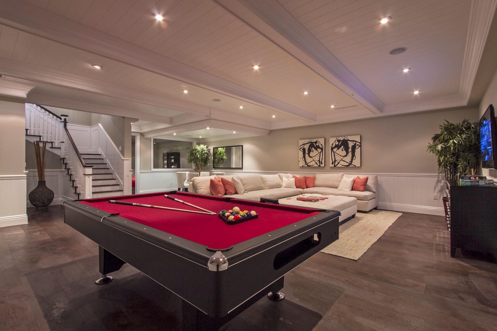 Red Sectional Sofa Basement Contemporary with Artwork Box Beams Pillows