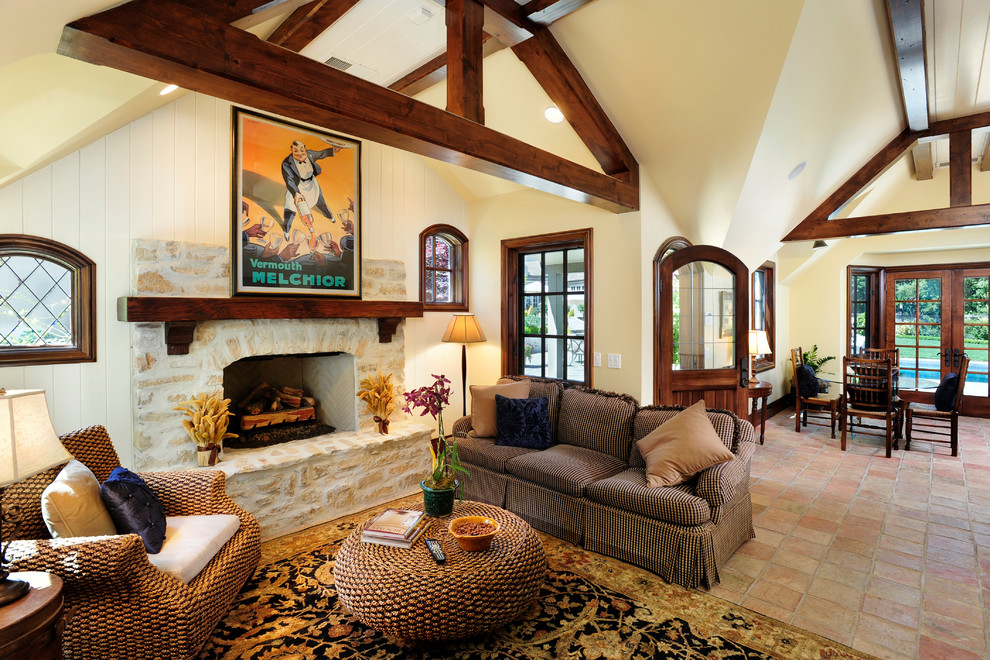 Red Tile Flooring Living Room Traditional with Area Rug Exposed Beams