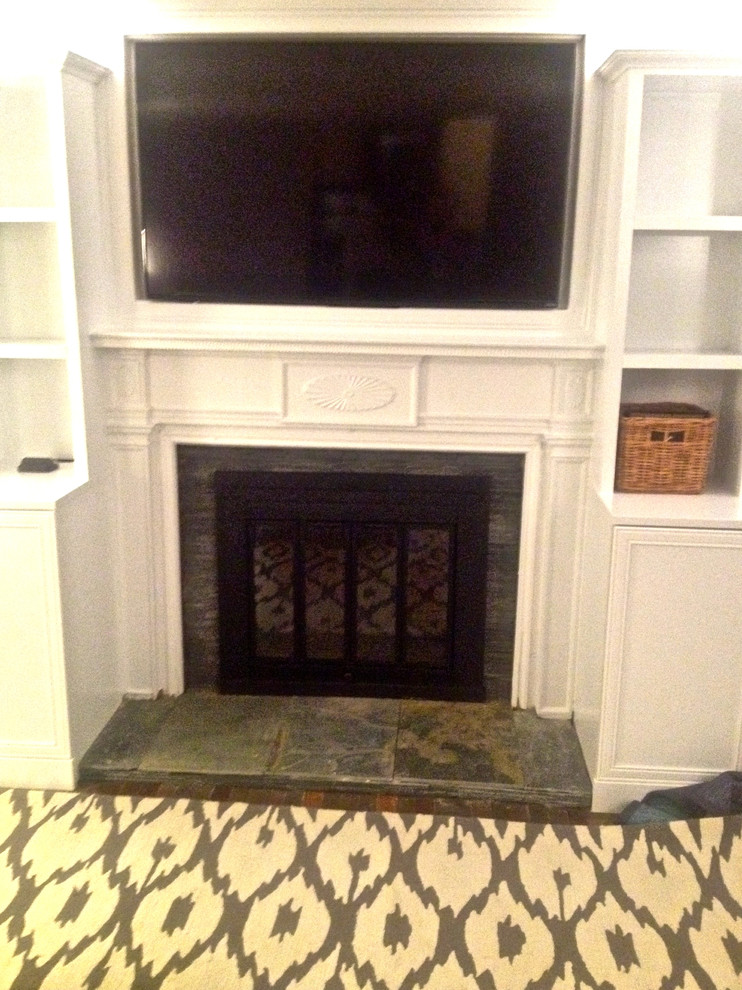 Reface Brick Fireplace Spaces Traditional with Accent Lights Above Bookshelves