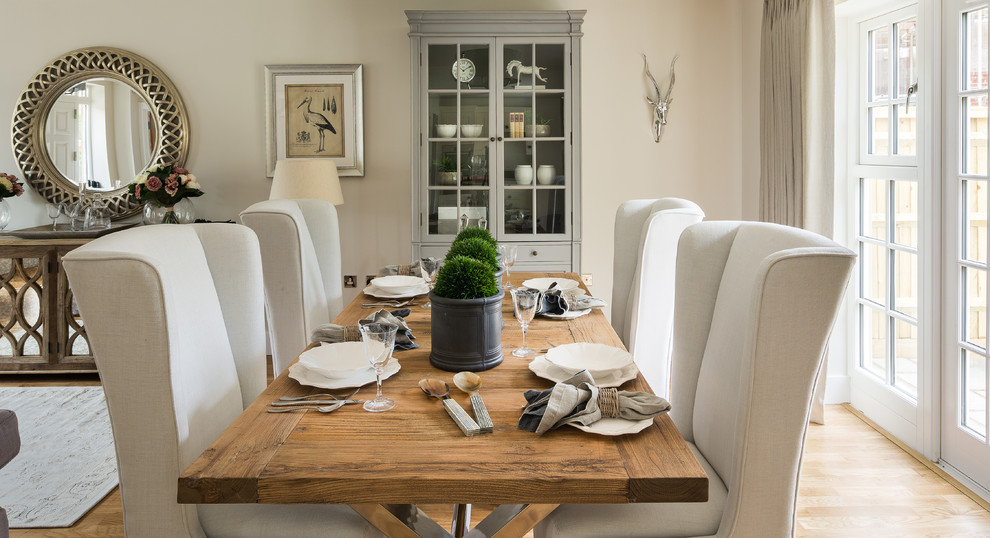 Refectory Dining Table Dining Room Farmhouse with Beige Curtains Beige Wing