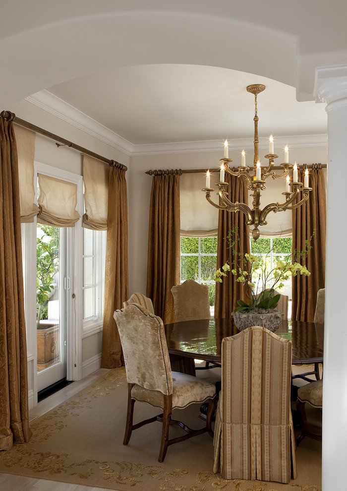 Relaxed Roman Shades Dining Room Traditional with Arched Doorway Area Rug