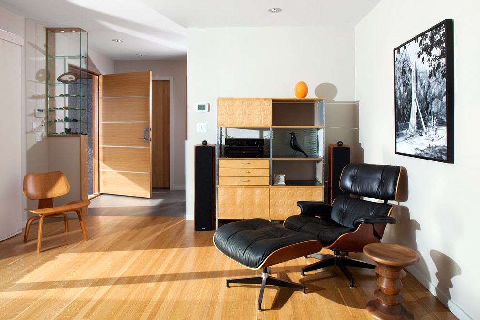 Replica Eames Lounge Chair Living Room Midcentury with Bookcase Custom Doors Entrance