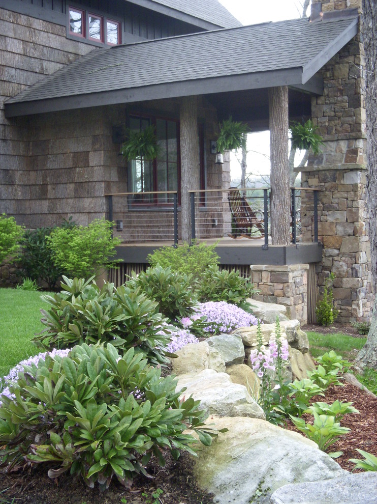 Retaining Wall Landscaping Porch Rustic with Bark Shingles Cable Railing