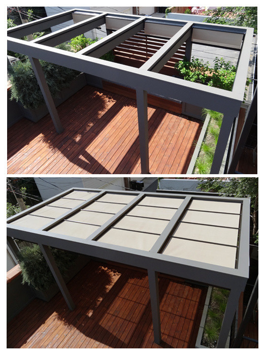 Retractable Roof Pergola Spaces Contemporary with Containers Custom Design Garden