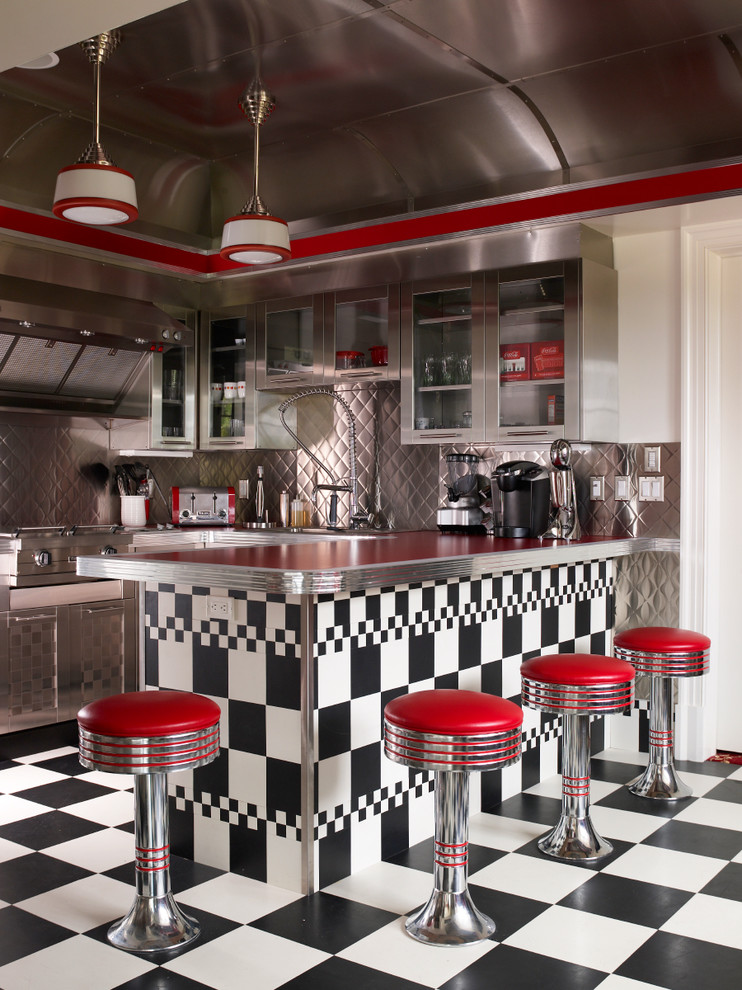 Retro Style Furniture Kitchen Eclectic with 50s Diner Checkered Floor
