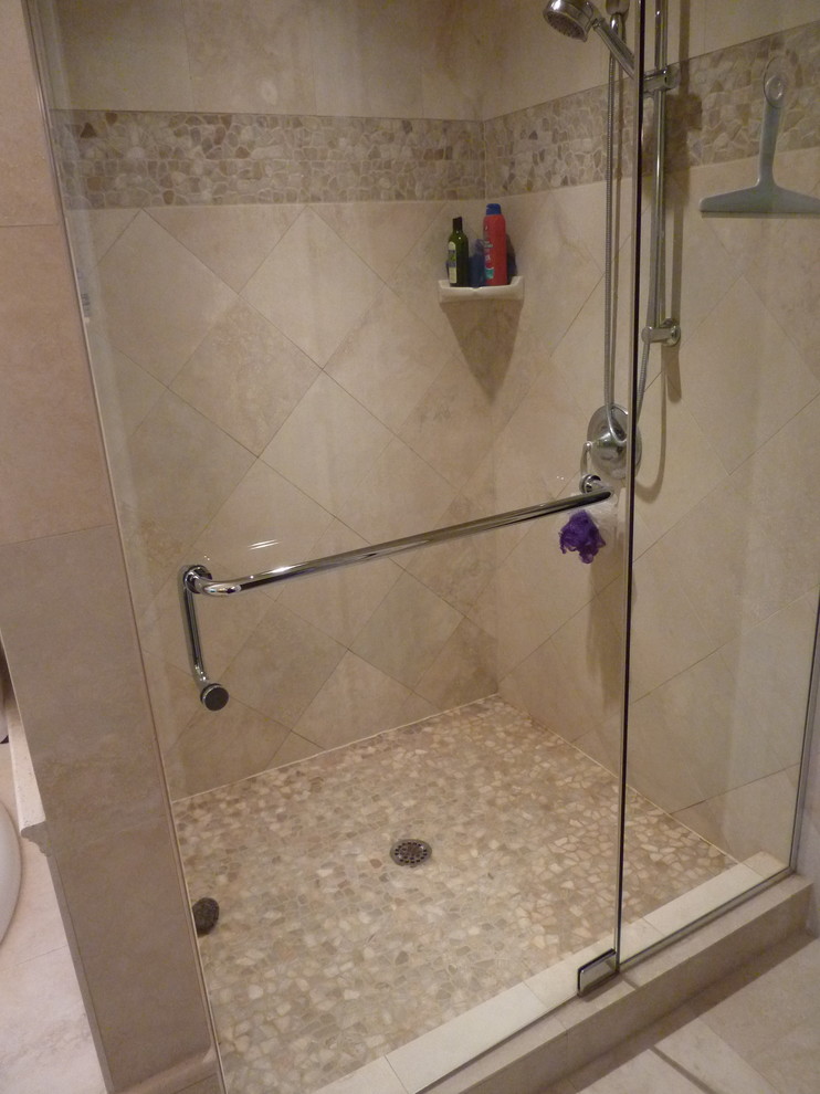 River Rock Floor Tile Bathroom Traditional with Accent Tile Border Frameless