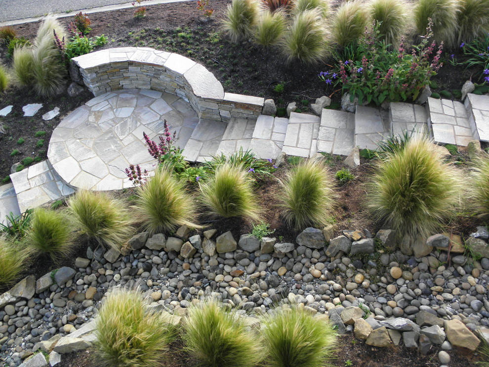 River Rock Landscaping Landscape Mediterranean with Bushes Drainage Drought Tolerant