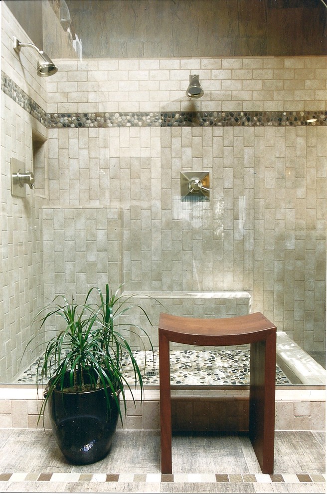 River Rock Tiles Bathroom Contemporary with Beige Stone Shower Beige