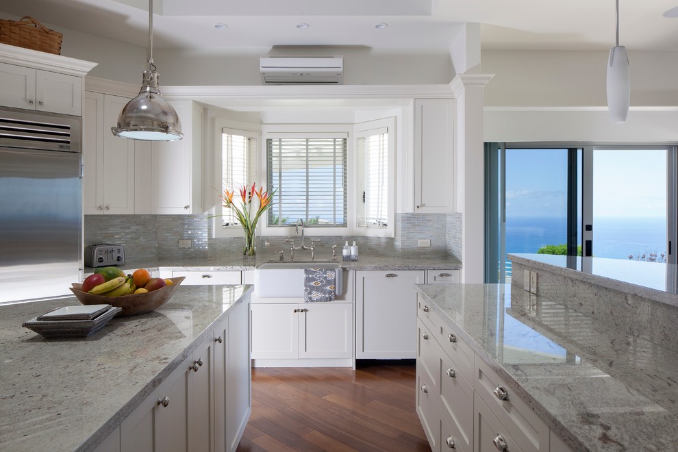 River White Granite Countertop Kitchen Tropical with Airy Blinds Double White