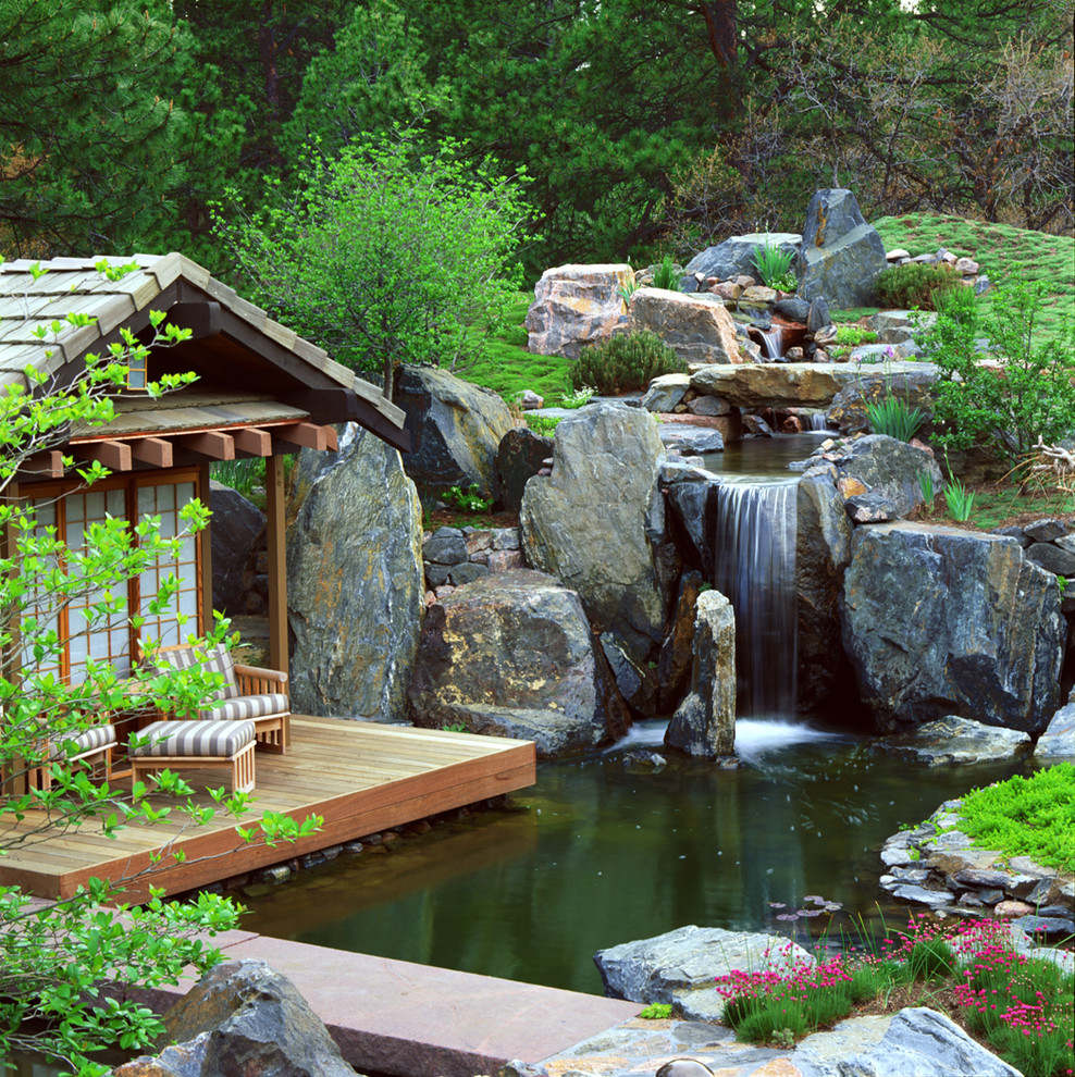 Rock Water Fountains Landscape Asian with Boulders Exposed Timber Greenery