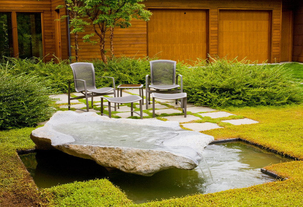 Rock Water Fountains Landscape Contemporary with Bushes Good Garage Door